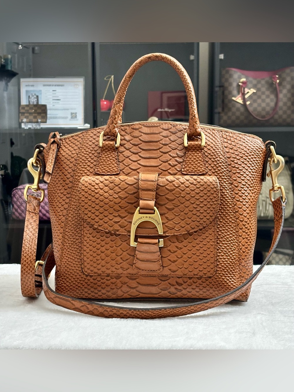 Dooney & Bourke Caldwell Naomi Satchel – Python Honey Leather